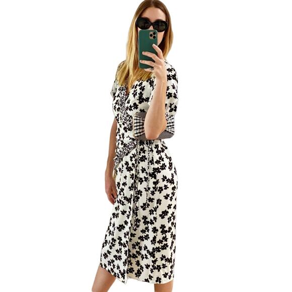 LOVE WHIT by Whitney Port Floral Puff Sleeve Wrap Dress in Black White SZ L - Picture 2 of 13